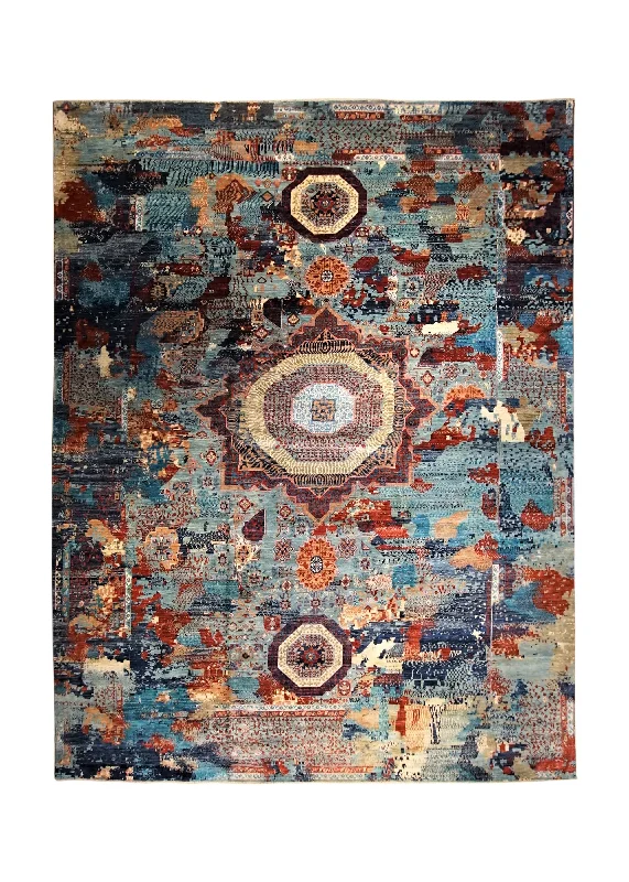 Oriental Rug Pakistani Handmade Area Transitional 10'2"x13'5" (10x13) Red Blue Erased Mamluk Design #A34524