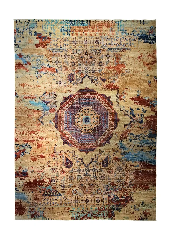 Oriental Rug Pakistani Handmade Area Transitional 9'10"x13'8" (10x14) Whites/Beige Red Erased Mamluk Design #A34518