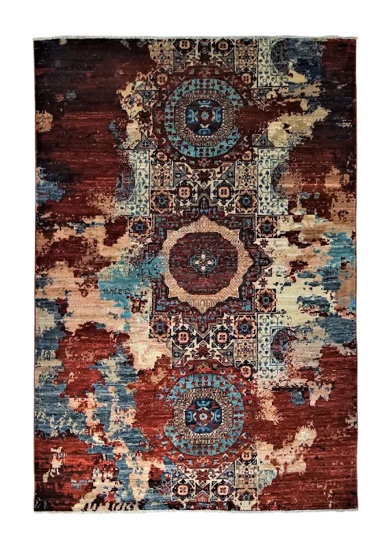 Oriental Rug Pakistani Handmade Area Transitional 4'0"x5'10" (4x6) Blue Red Erased Mamluk Design #A34521