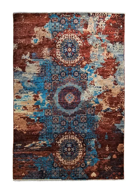 Oriental Rug Pakistani Handmade Area Transitional 3'11"x5'10" (4x6) Blue Red Erased Mamluk Design #A34522