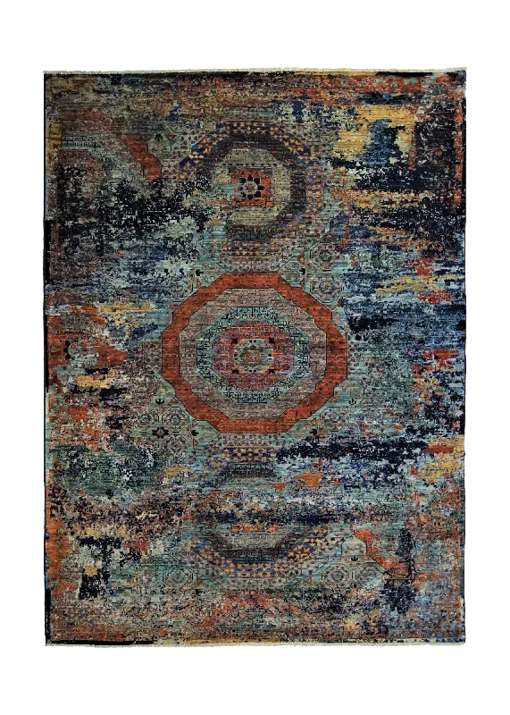 Oriental Rug Pakistani Handmade Area Transitional 5'1"x6'11" (5x7) Green Erased Mamluk Design #A34526