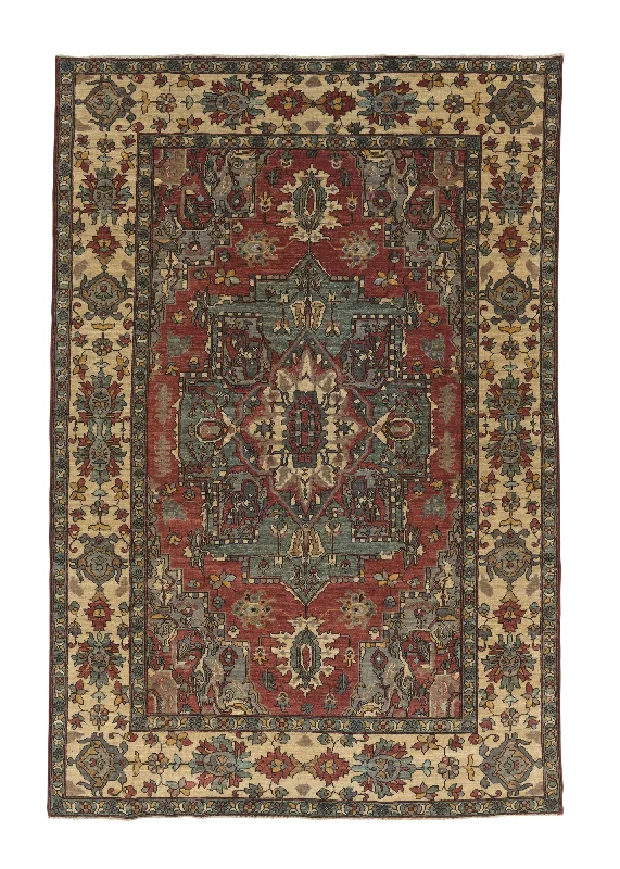 Oriental Rug Pakistani Handmade Area Transitional 6'2"x9'4" (6x9) Red Green Whites/Beige Heriz Design #35718