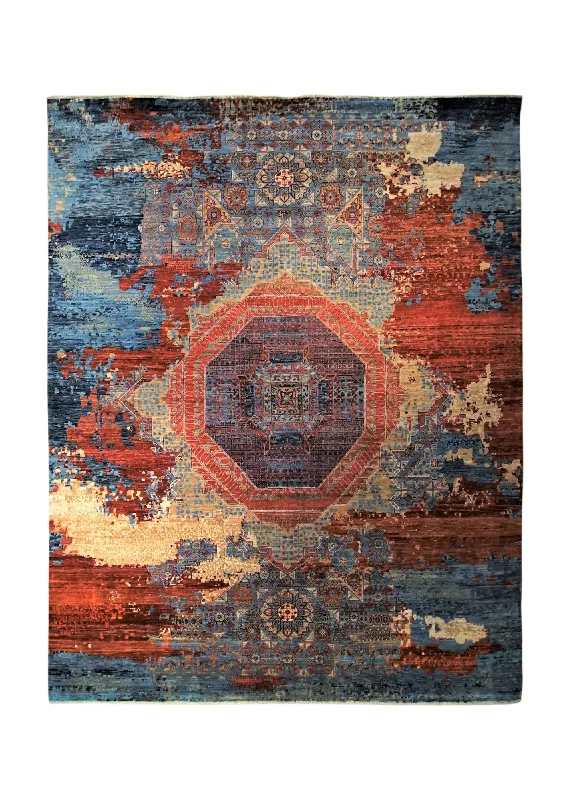 Oriental Rug Pakistani Handmade Area Transitional 7'11"x9'11" (8x10) Blue Red Erased Mamluk Design #A34525