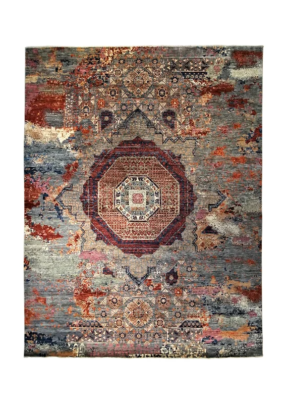 Oriental Rug Pakistani Handmade Area Transitional 8'11"x11'6" (9x12) Red Gray Erased Mamluk Design #A34520