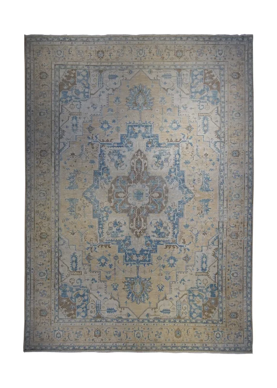 Oriental Rug Pakistani Handmade Area Transitional Neutral 9'8"x13'10" (10x14) Whites/Beige Blue Silver Wash Geometric Heriz Design #A34711