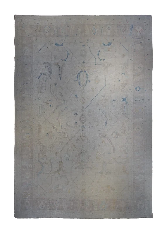 Oriental Rug Pakistani Handmade Area Transitional Neutral 9'6"x13'9" (10x14) Whites/Beige Blue Silver Wash Geometric Heriz Design #A34712