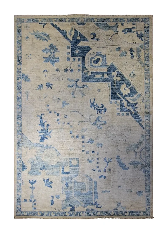 Oriental Rug Pakistani Handmade Area Transitional Neutral 6'2"x8'10" (6x9) Whites/Beige Blue Partition Heriz Design #A34469