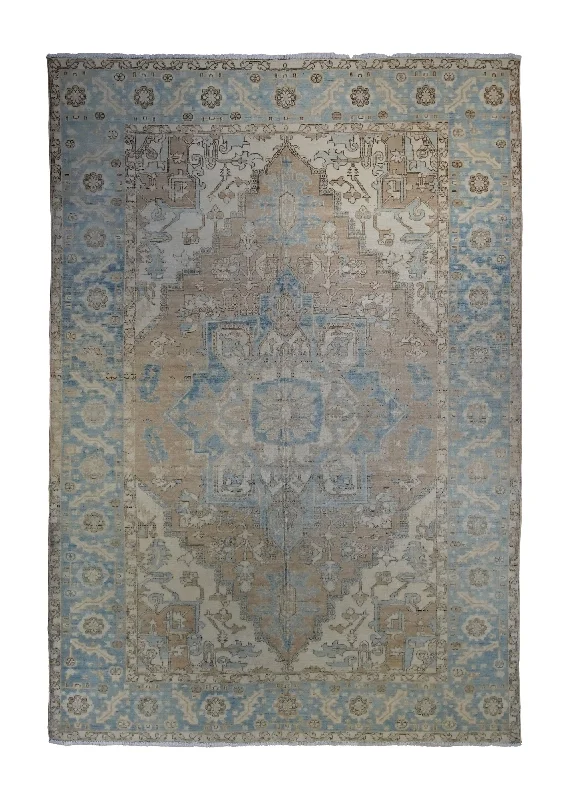 Oriental Rug Pakistani Handmade Area Transitional Neutral 6'1"x8'10" (6x9) Whites/Beige Blue Silver Wash Geometric Heriz Design #A34709