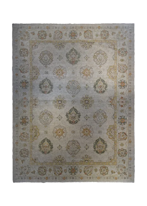 Oriental Rug Pakistani Handmade Area Transitional Neutral 9'1"x11'6" (9x12) Whites/Beige Yellow/Gold Antique Washed Floral Oushak Design #A34448