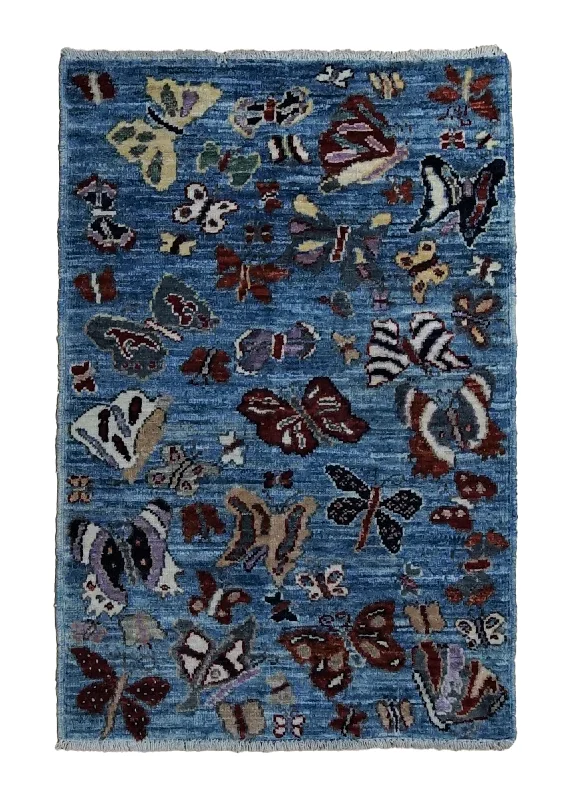 Oriental Rug Pakistani Handmade Area Transitional Tribal 2'1"x3'0" (2x3) Blue Open Pictorial Animals Gabbeh Design #A34476