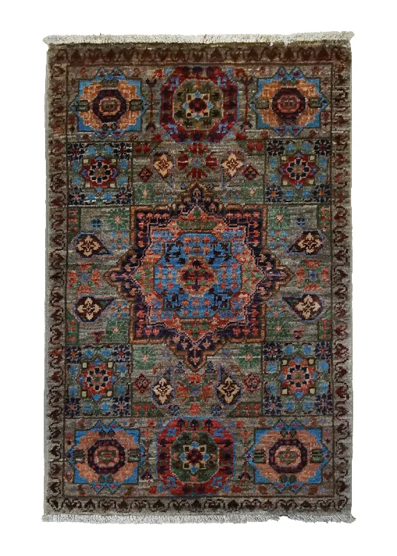 Oriental Rug Pakistani Handmade Area Transitional Tribal 1'11"x3'0" (2x3) Green Mamluk Design #A34695