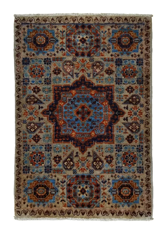 Oriental Rug Pakistani Handmade Area Transitional Tribal 2'0"x2'11" (2x3) Whites/Beige Blue Mamluk Design #A34697