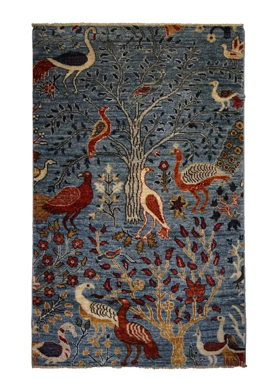 Oriental Rug Pakistani Handmade Area Transitional Tribal 2'7"x4'2" (3x4) Blue Tree of Life Animals Gabbeh Design #A34707