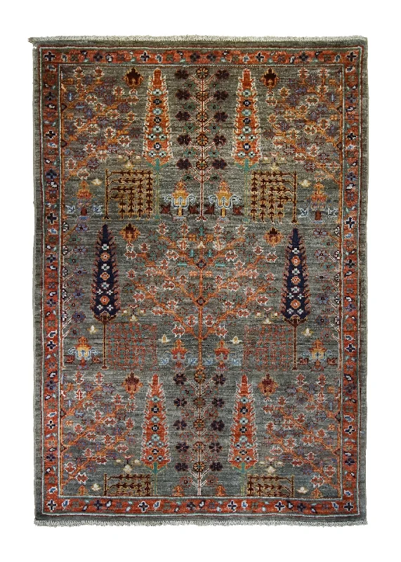 Oriental Rug Pakistani Handmade Area Transitional Tribal 2'9"x3'11" (3x4) Green Orange Tree of Life Bakhshayesh Design #A34706