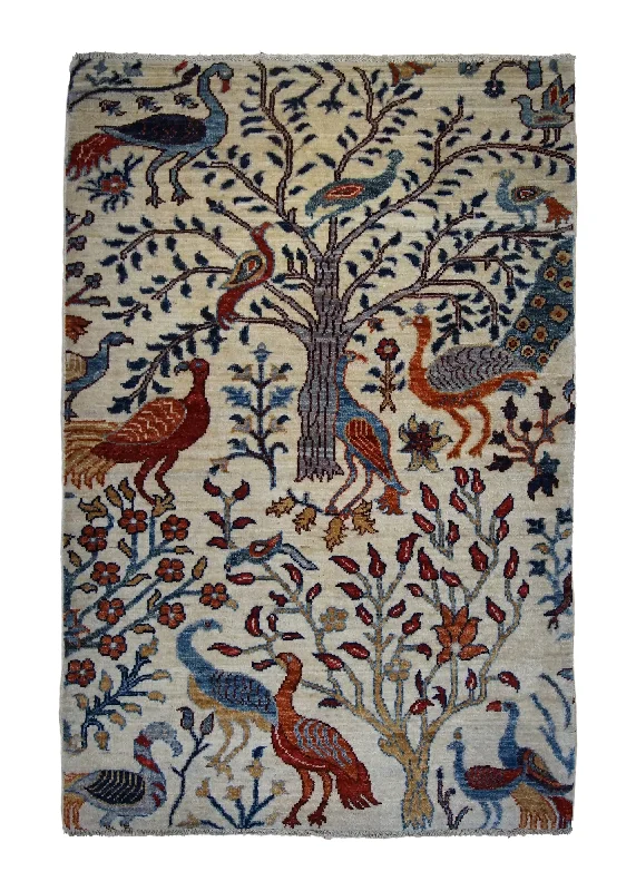 Oriental Rug Pakistani Handmade Area Transitional Tribal 2'9"x4'1" (3x4) Whites/Beige Tree of Life Animals Gabbeh Design #A34705