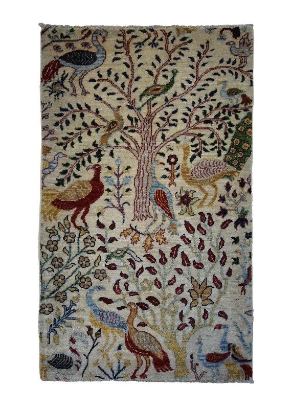 Oriental Rug Pakistani Handmade Area Transitional Tribal 2'8"x4'4" (3x4) Whites/Beige Tree of Life Animals Gabbeh Design #A34708