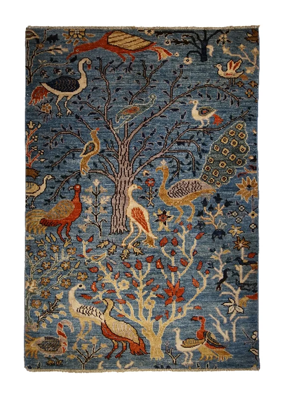 Oriental Rug Pakistani Handmade Area Transitional Tribal 3'5"x4'10" (3x5) Blue Tree of Life Animals Gabbeh Design #A34692