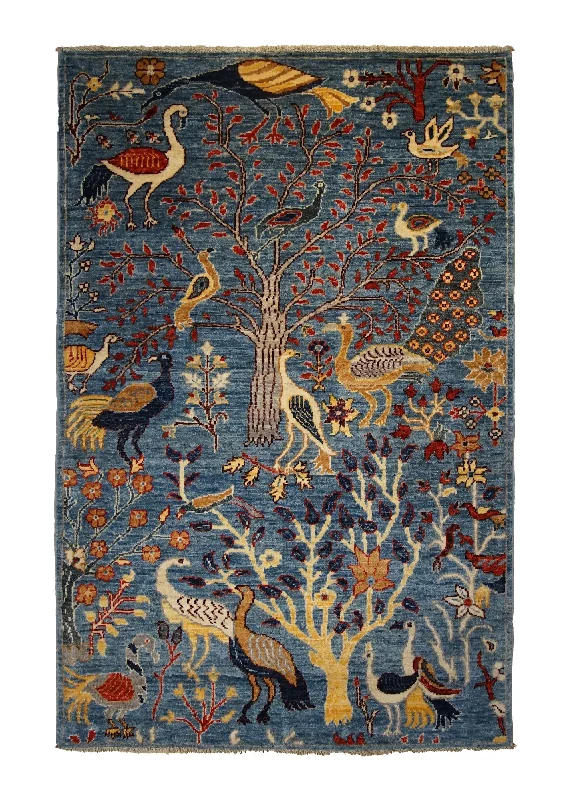 Oriental Rug Pakistani Handmade Area Transitional Tribal 3'2"x4'10" (3x5) Blue Tree of Life Animals Gabbeh Design #A34693