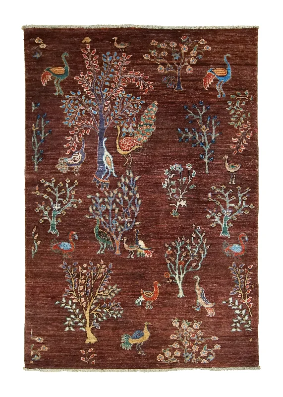 Oriental Rug Pakistani Handmade Area Transitional Tribal 3'4"x4'10" (3x5) Purple Tree of Life Animals Gabbeh Design #A34688