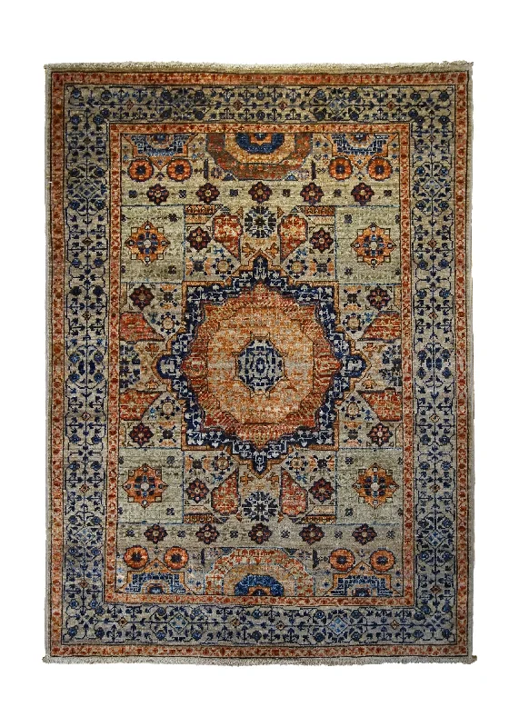 Oriental Rug Pakistani Handmade Area Transitional Tribal 3'4"x4'8" (3x5) Whites/Beige Blue Mamluk Design #A34689