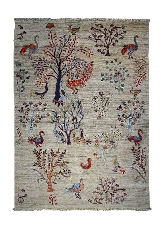 Oriental Rug Pakistani Handmade Area Transitional Tribal 3'4"x4'8" (3x5) Whites/Beige Tree of Life Animals Gabbeh Design #A34690