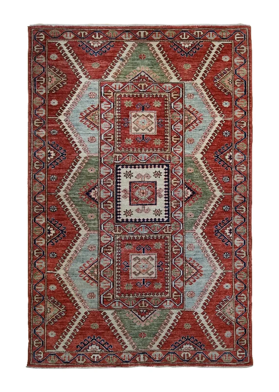 Oriental Rug Pakistani Handmade Area Transitional Tribal 4'7"x6'11" (5x7) Red Geometric Design #A34680