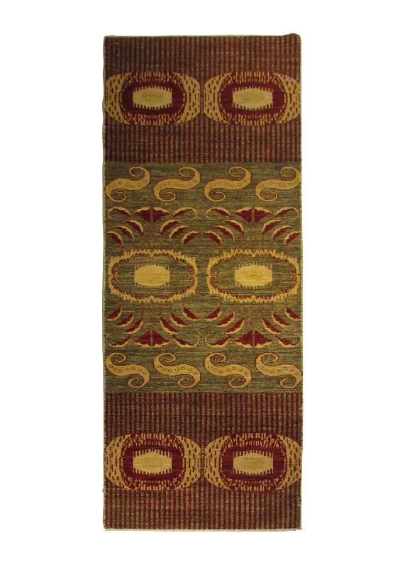 Oriental Rug Pakistani Handmade Runner Transitional 2'1"x7'8" (2x8) Green Red Samarkand Geometric Design #A30604