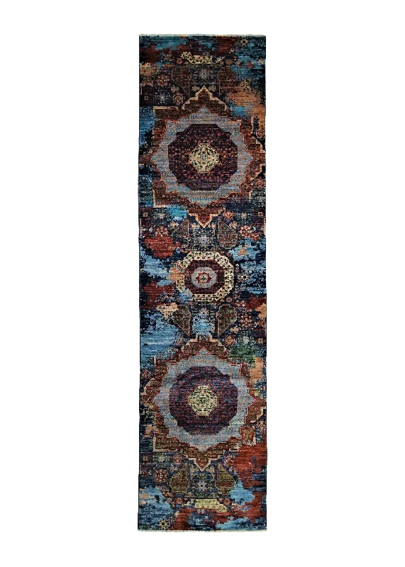 Oriental Rug Pakistani Handmade Runner Transitional 2'6"x9'8" (3x10) Blue Erased Mamluk Design #A34519