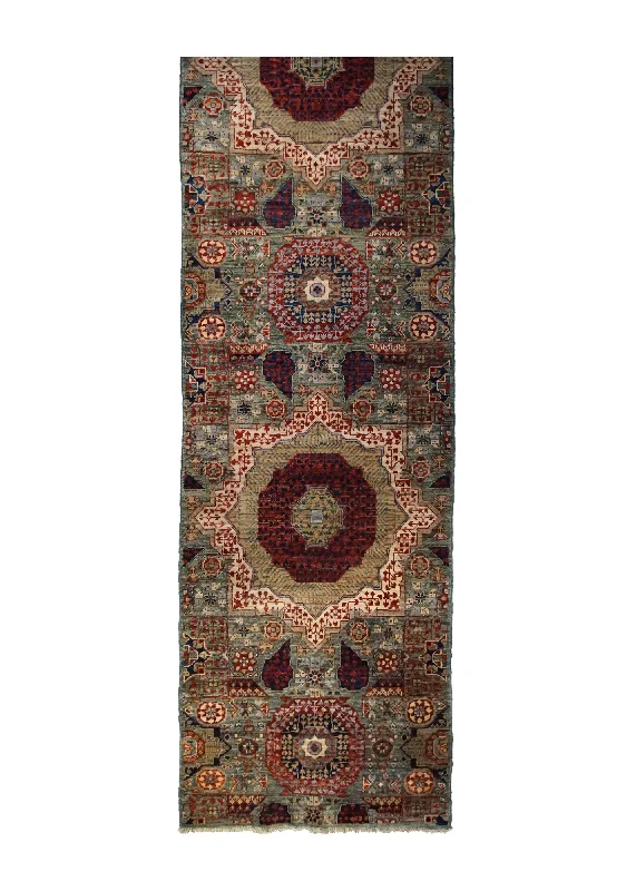 Oriental Rug Pakistani Handmade Runner Transitional 2'7"x9'8" (3x10) Green Red Mamluk Geometric Design #A32006