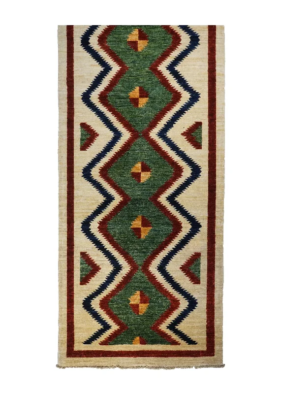 Oriental Rug Pakistani Handmade Runner Transitional 3'2"x9'11" (3x10) Green Whites/Beige Geometric Design #A32078