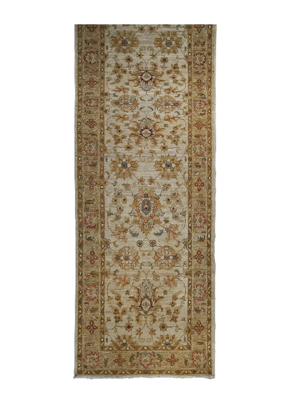 Oriental Rug Pakistani Handmade Runner Transitional 2'8"x10'3" (3x10) Whites/Beige Yellow/Gold Antique Washed Oushak Floral Design #A31565