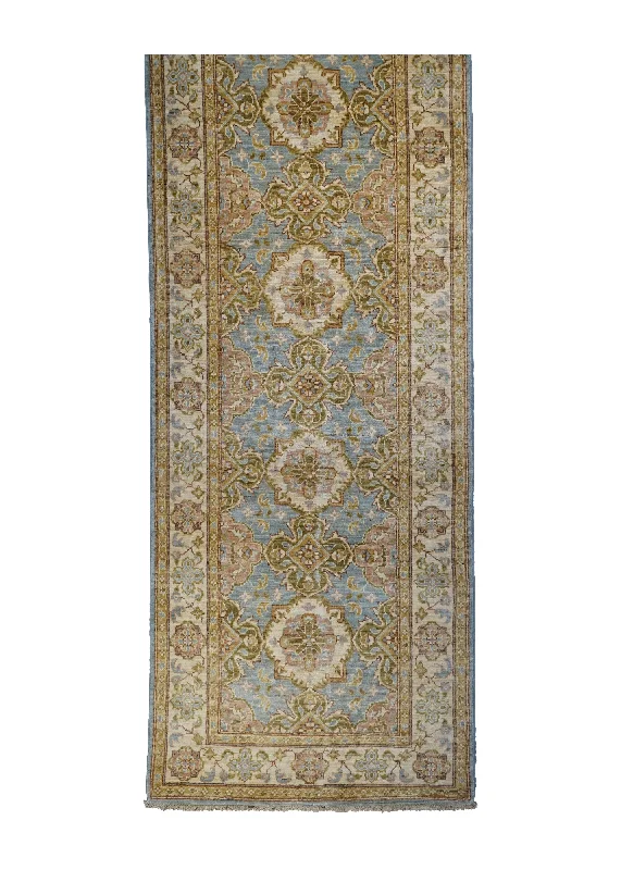 Oriental Rug Pakistani Handmade Runner Transitional 2'8"x20'3" (3x20) Blue Whites/Beige Green Antique Washed Oushak Floral Design #A31097