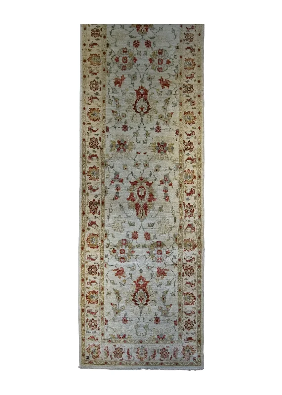 Oriental Rug Pakistani Handmade Runner Transitional 2'8"x9'0" (3x9) Whites/Beige Red Yellow/Gold Antique Washed Oushak Floral Design #A31863