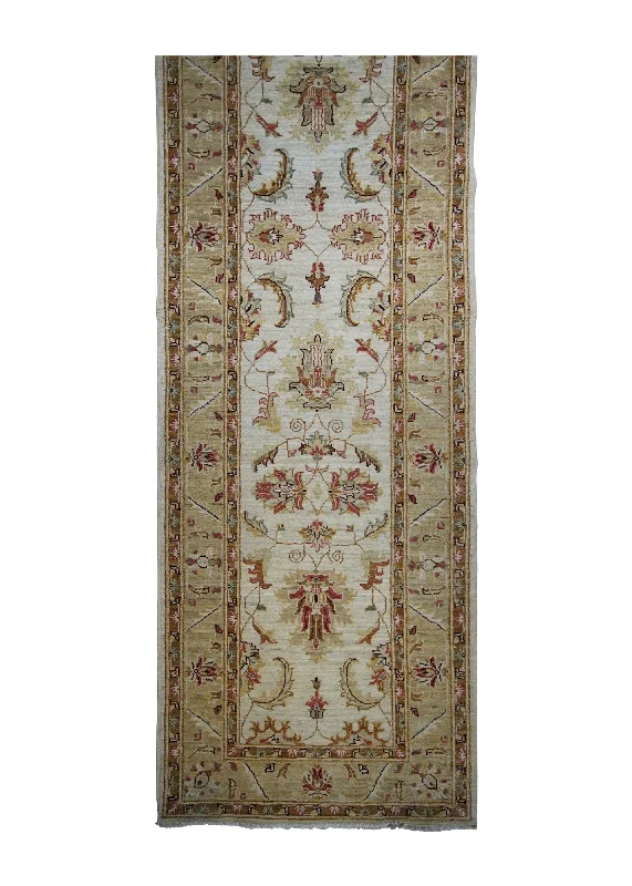 Oriental Rug Pakistani Handmade Runner Transitional 2'9"x9'2" (3x9) Whites/Beige Yellow/Gold Antique Washed Oushak Floral Design #A31563