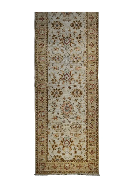 Oriental Rug Pakistani Handmade Runner Transitional 2'7"x9'4" (3x9) Whites/Beige Yellow/Gold Antique Washed Oushak Floral Design #A31567