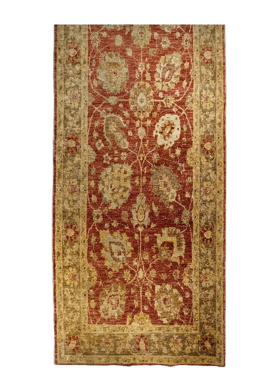 Oriental Rug Pakistani Handmade Runner Transitional 4'3"x14'2" (4x14) Red Yellow/Gold Antique Washed Oushak Floral Design #A31314