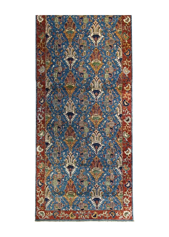 Oriental Rug Pakistani Handmade Runner Transitional 4'10"x13'3" (5x13) Blue Red Geometric Design #A31703