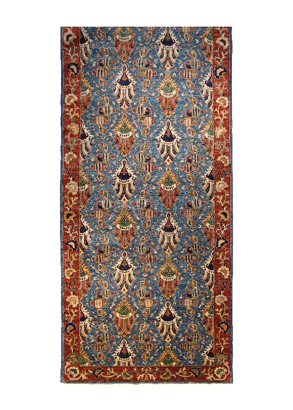 Oriental Rug Pakistani Handmade Runner Transitional 5'0"x15'3" (5x15) Blue Red Geometric Design #A31704