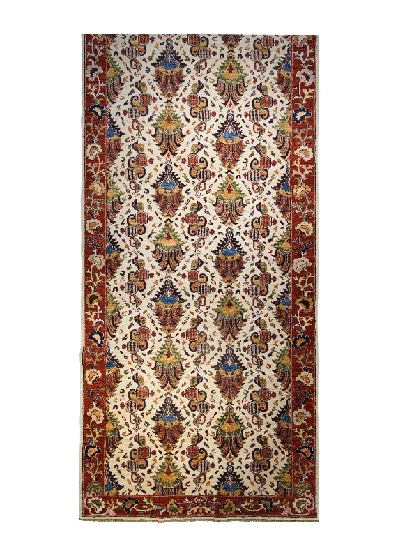 Oriental Rug Pakistani Handmade Runner Transitional 5'1"x14'6" (5x15) Whites/Beige Red Geometric Design #A31699