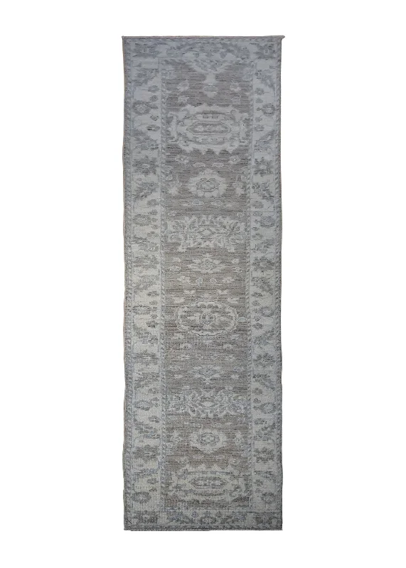 Oriental Rug Pakistani Handmade Runner Transitional Neutral 2'1"x10'3" (2x10) Brown Whites/Beige Silver Wash Oushak Floral Design #A30115