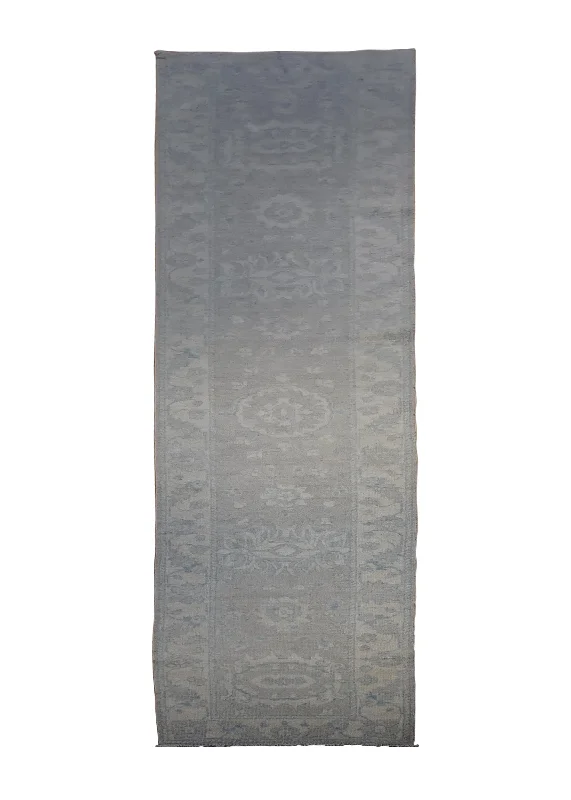 Oriental Rug Pakistani Handmade Runner Transitional Neutral 2'3"x12'11" (2x13) Gray Whites/Beige Blue Silver Wash Oushak Floral Design #A30096