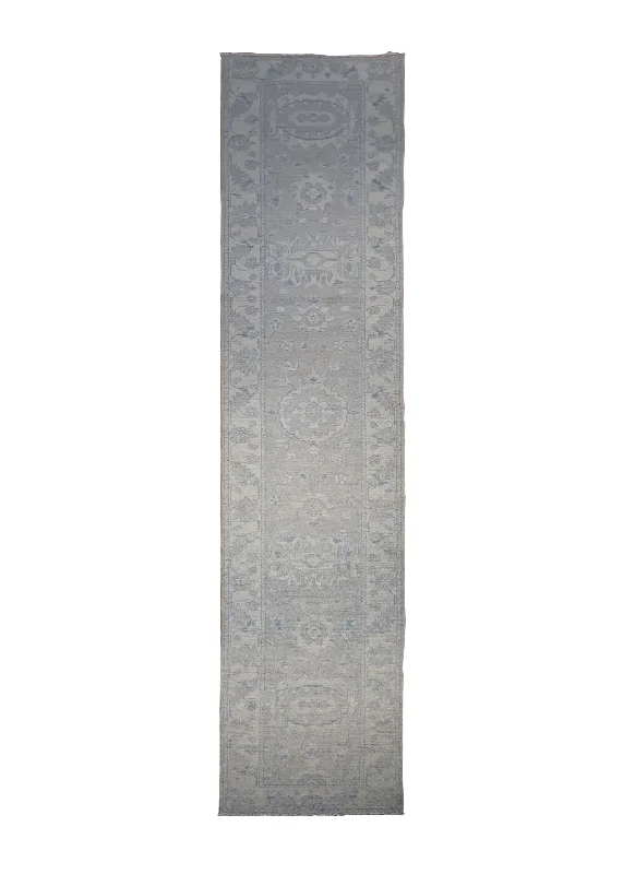 Oriental Rug Pakistani Handmade Runner Transitional Neutral 2'2"x12'11" (2x13) Gray Whites/Beige Blue Silver Wash Oushak Floral Design #A30109