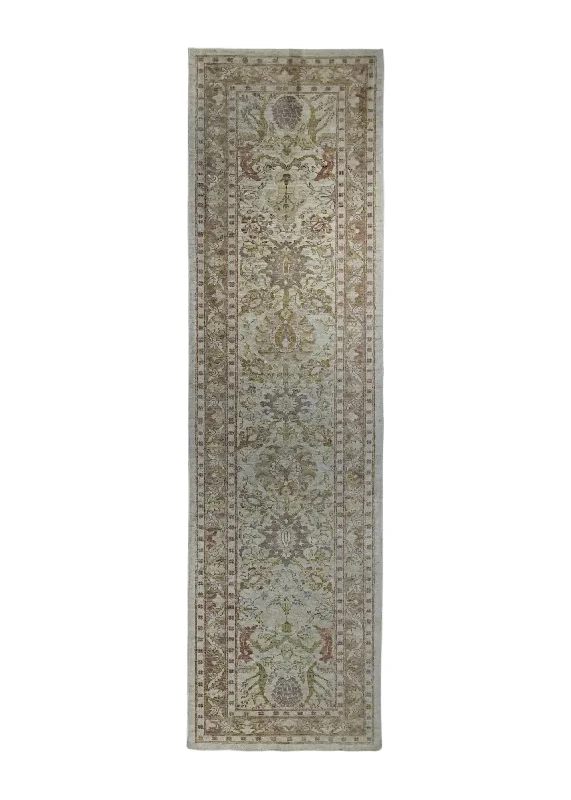 Oriental Rug Pakistani Handmade Runner Transitional Neutral 2'8"x9'9" (3x10) Green Whites/Beige Antique Washed Floral Oushak Design #A34592