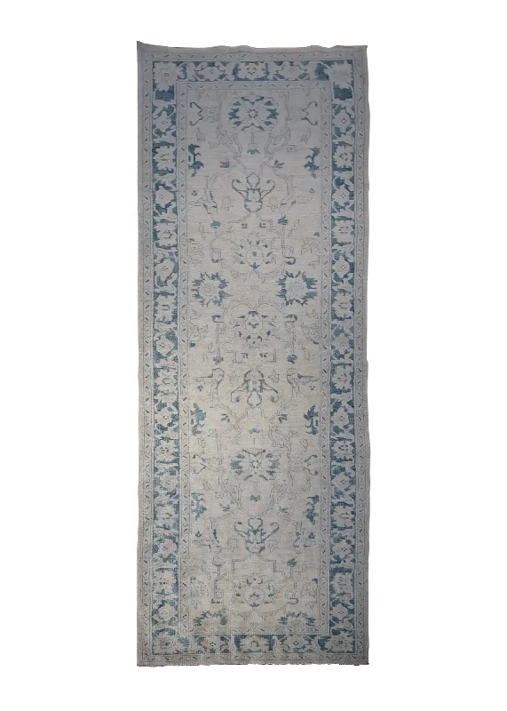 Oriental Rug Pakistani Handmade Runner Transitional Neutral 3'2"x11'8" (3x12) Whites/Beige Blue Silver Wash Oushak Floral Design #A30121