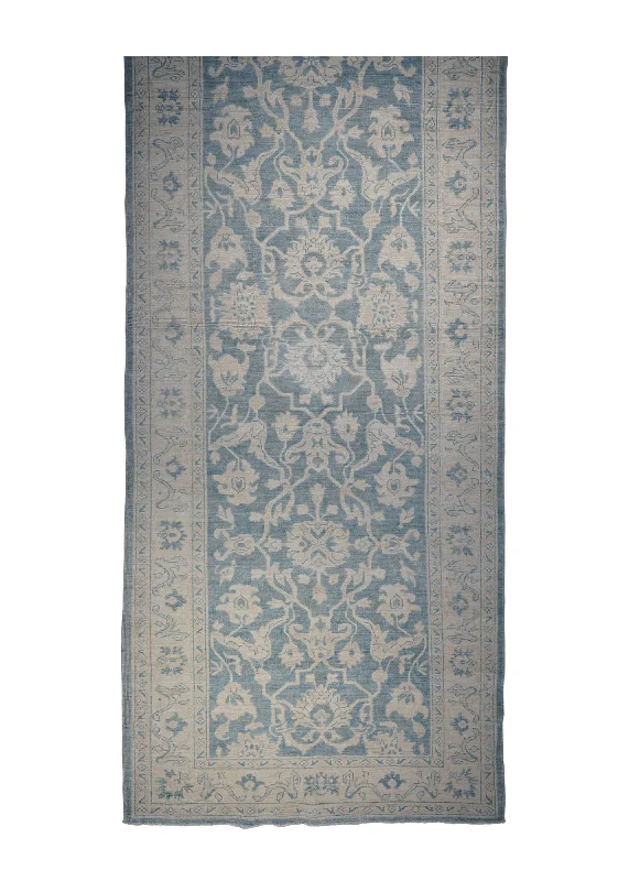 Oriental Rug Pakistani Handmade Runner Transitional Neutral 4'2"x10'7" (4x11) Blue Whites/Beige Silver Wash Oushak Floral Design #A30099