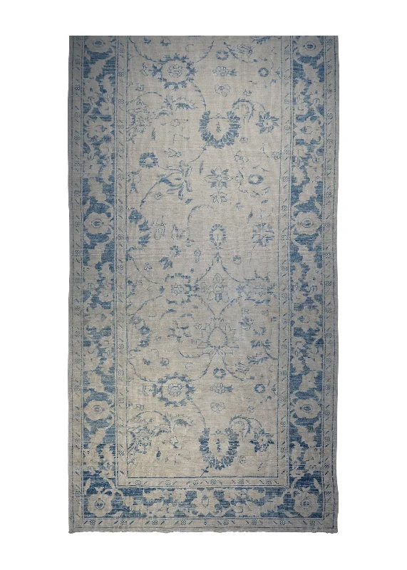 Oriental Rug Pakistani Handmade Runner Transitional Neutral 4'4"x11'9" (4x12) Whites/Beige Blue Silver Wash Oushak Floral Design #A30093