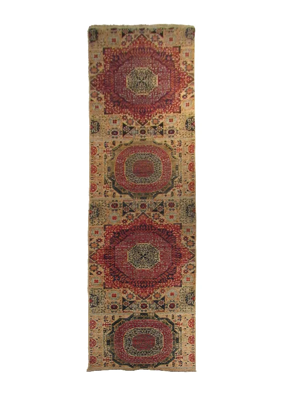 Oriental Rug Pakistani Handmade Runner Transitional Tribal 2'4"x9'8" (2x10) Red Whites/Beige Mamluk Geometric Design #A30232