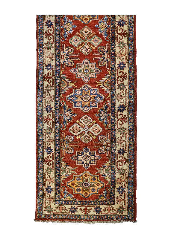 Oriental Rug Pakistani Handmade Runner Transitional Tribal 2'5"x21'7" (2x22) Red Whites/Beige Blue Kazak Geometric Design #A30874