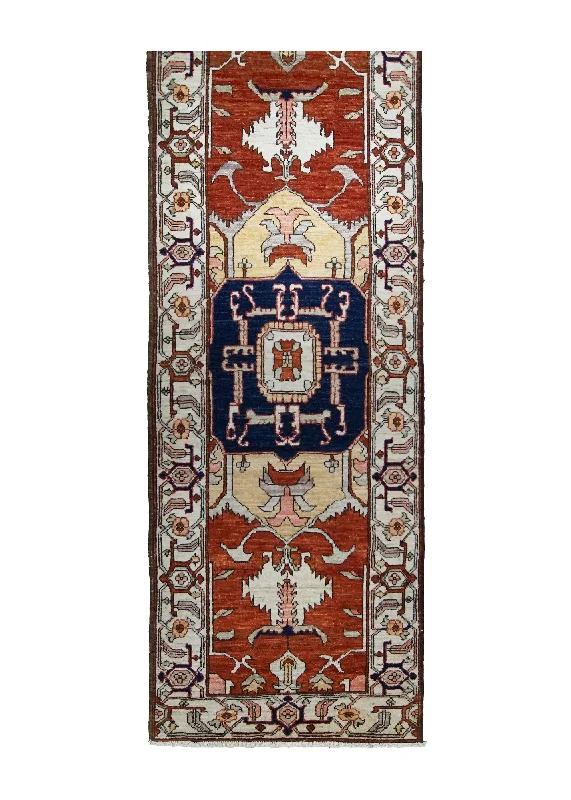 Oriental Rug Pakistani Handmade Runner Transitional Tribal 2'4"x6'7" (2x7) Red Whites/Beige Serapi Geometric Design #A31463