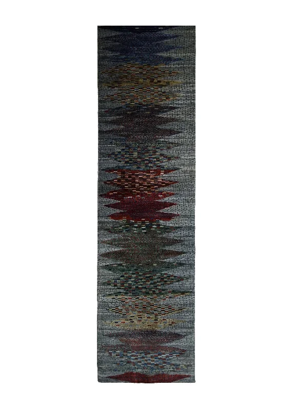 Oriental Rug Pakistani Handmade Runner Transitional Tribal 2'3"x9'5" (2x9) Gray Multi-color Lori Geometric Design #A31634